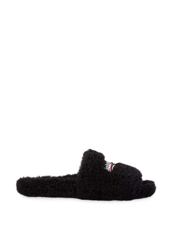 Campaign-logo faux-shearling slides