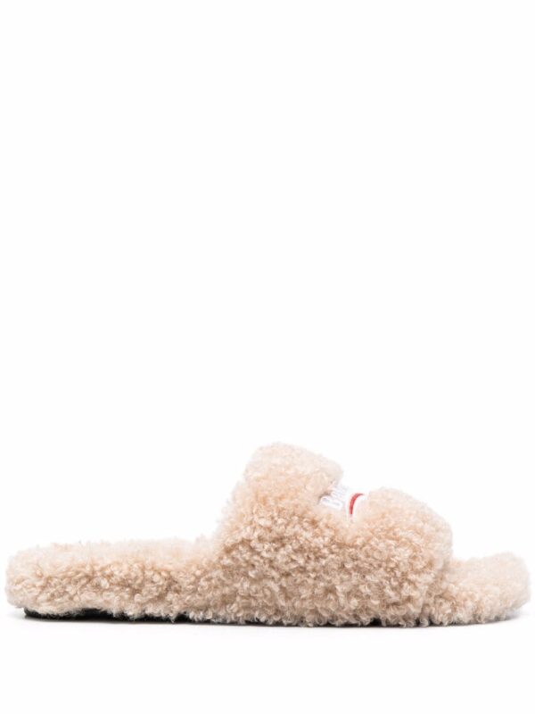 Faux-shearling embroidered logo slides