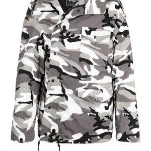 Off-shoulder camouflage-print military parka coat